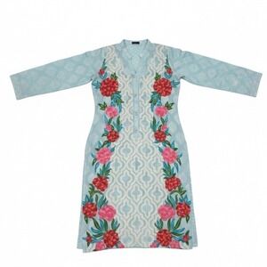 Agha Noor Vtg Embroidered Kurti Tunic Top Light Blue Floral Pearl Buttons‎ Sz S